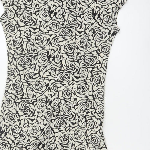 Dorothy Perkins Women Black Ivory UK 6 Bodycon Knee Dress Floral Cap Sleeve