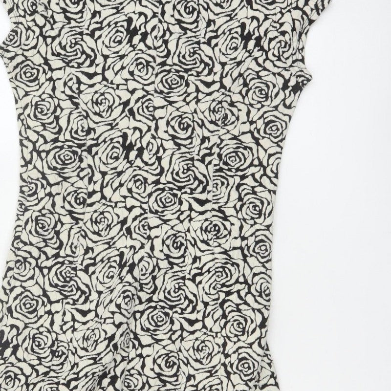 Dorothy Perkins Women Black Ivory UK 6 Bodycon Knee Dress Floral Cap Sleeve