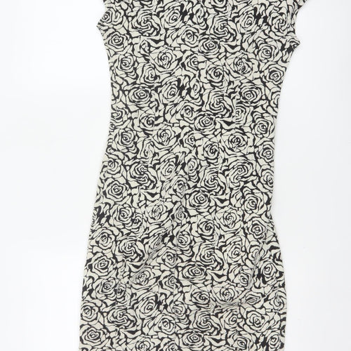 Dorothy Perkins Women Black Ivory UK 6 Bodycon Knee Dress Floral Cap Sleeve