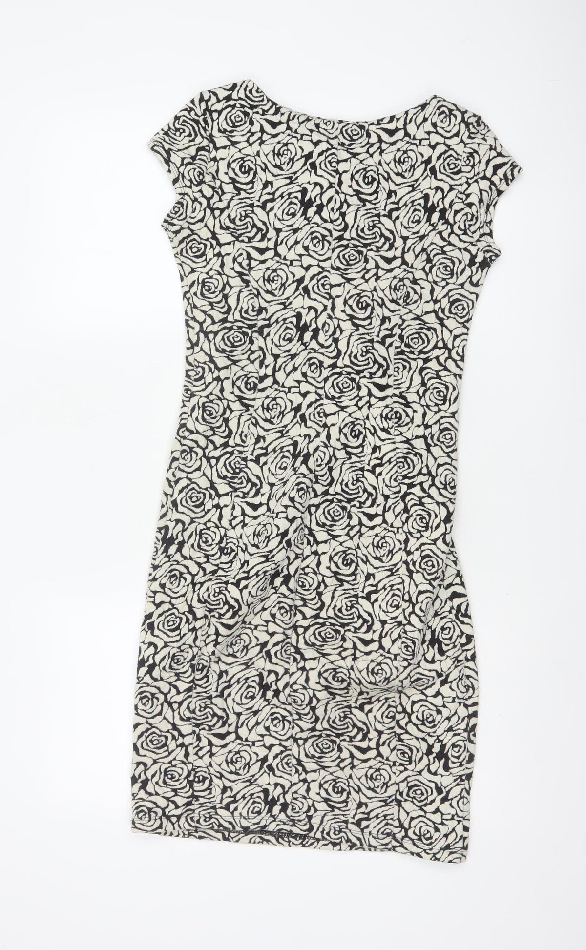 Dorothy Perkins Women Black Ivory UK 6 Bodycon Knee Dress Floral Cap Sleeve