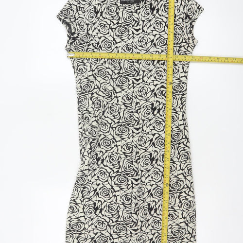 Dorothy Perkins Women Black Ivory UK 6 Bodycon Knee Dress Floral Cap Sleeve