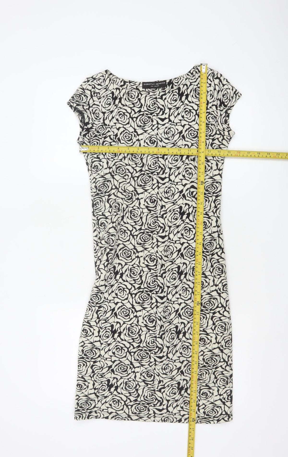 Dorothy Perkins Women Black Ivory UK 6 Bodycon Knee Dress Floral Cap Sleeve