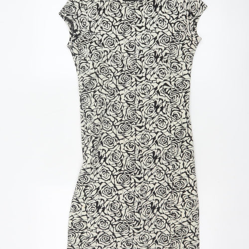 Dorothy Perkins Women Black Ivory UK 6 Bodycon Knee Dress Floral Cap Sleeve