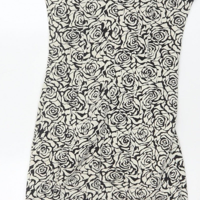 Dorothy Perkins Women Black Ivory UK 6 Bodycon Knee Dress Floral Cap Sleeve