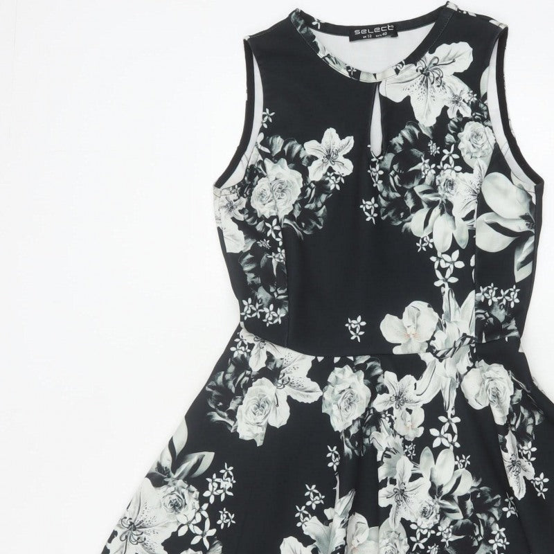 Select Women Black Floral Fit & Flare Knee Length Dress UK 12
