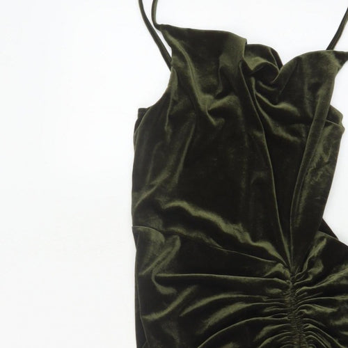 PrettyLittleThing Women Green Velvet Ruched Bodycon Mini Dress UK 16