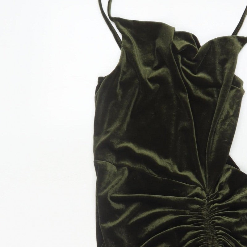 PrettyLittleThing Women Green Velvet Ruched Bodycon Mini Dress UK 16