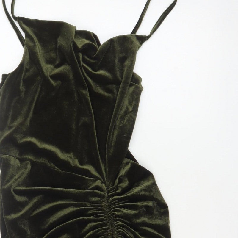 PrettyLittleThing Women Green Velvet Ruched Bodycon Mini Dress UK 16
