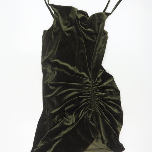 PrettyLittleThing Women Green Velvet Ruched Bodycon Mini Dress UK 16
