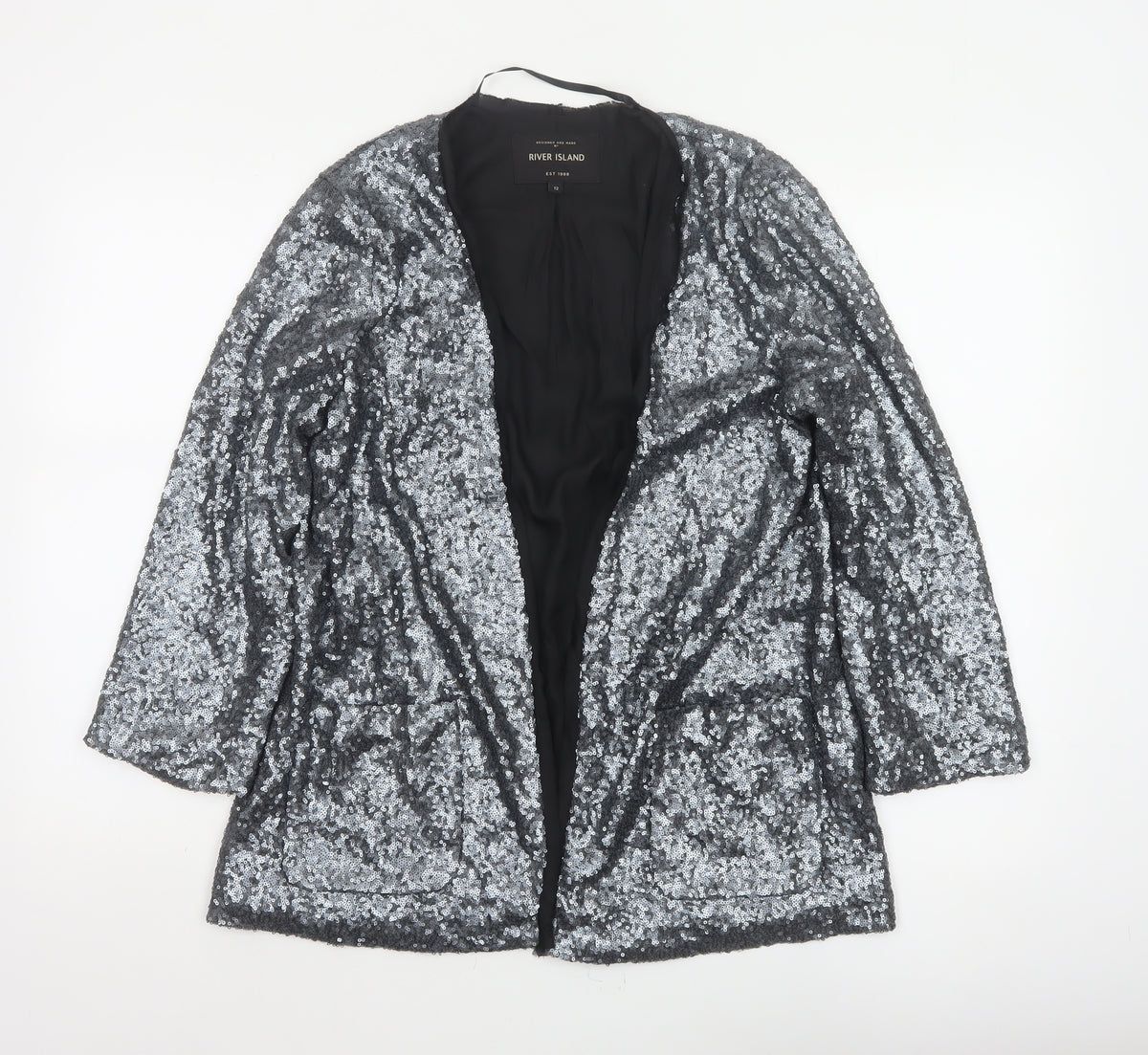 River Island Women’s Silver Sequin Open Party Jacket UK 12