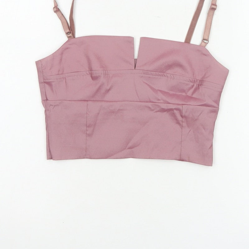 Miss Selfridge Women Pink UK 8 Cropped Satin Camisole Adjustable Strap Top