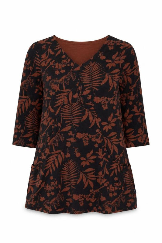 Weird Fish Women’s Black Brown Floral V-Neck Tunic Blouse UK 12