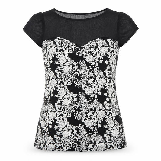 Wallis Women Black White Floral Sheer Jersey Blouse UK 14 Short Sleeve