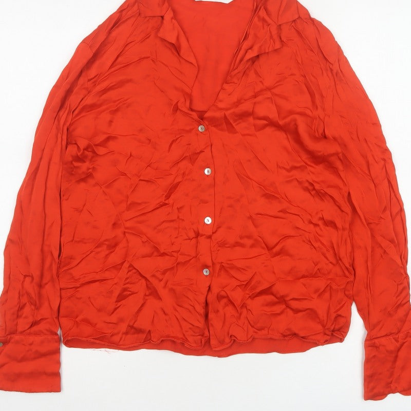 MNG Women Red M Viscose Collared Long Sleeve Button-Up Shirt