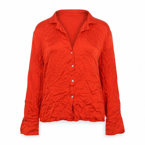 MNG Women Red M Viscose Collared Long Sleeve Button-Up Shirt