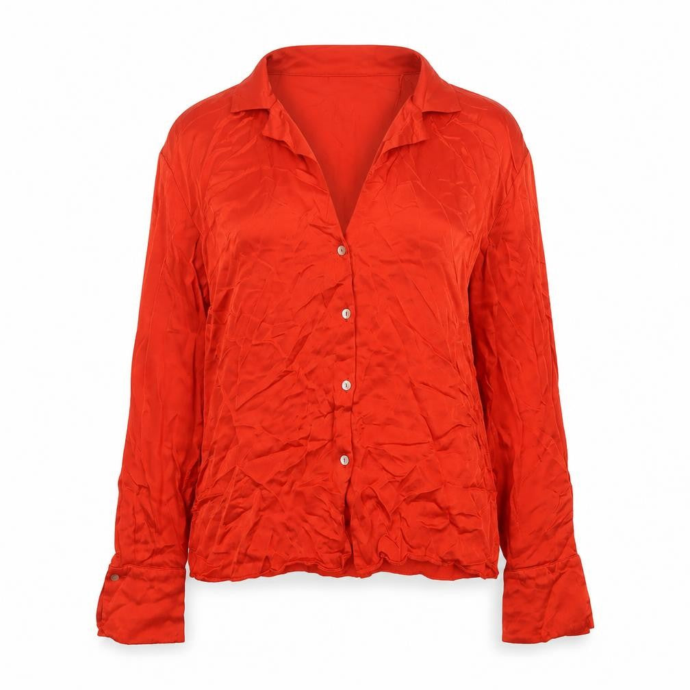 MNG Women Red M Viscose Collared Long Sleeve Button-Up Shirt