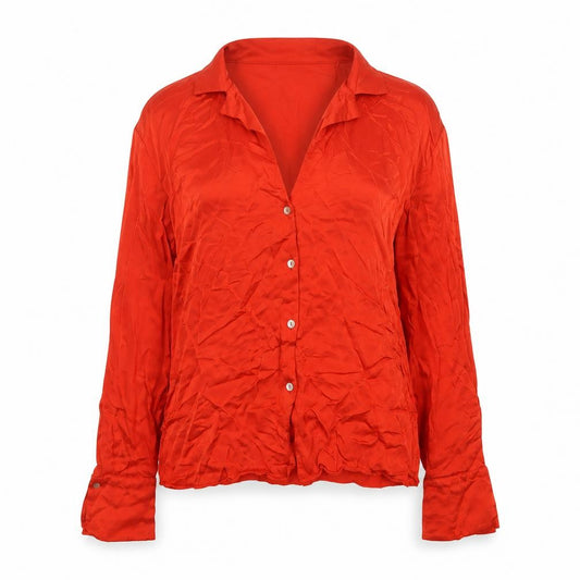 MNG Women Red M Viscose Collared Long Sleeve Button-Up Shirt