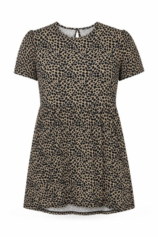 Front view of Wednesday's Girl Women Beige Leopard Print S Fit & Flare Knee Dress