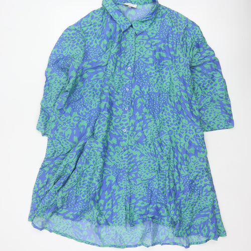 Sahara Women’s Blue Green Animal Print Silk Cotton Tunic Shirt UK 4
