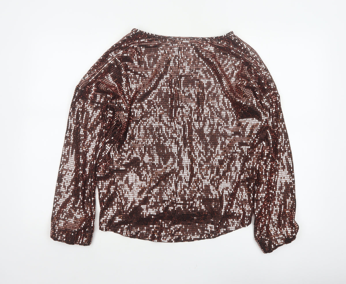 Next Women Brown Sequin Long Sleeve Round Neck Blouse UK 10 Party