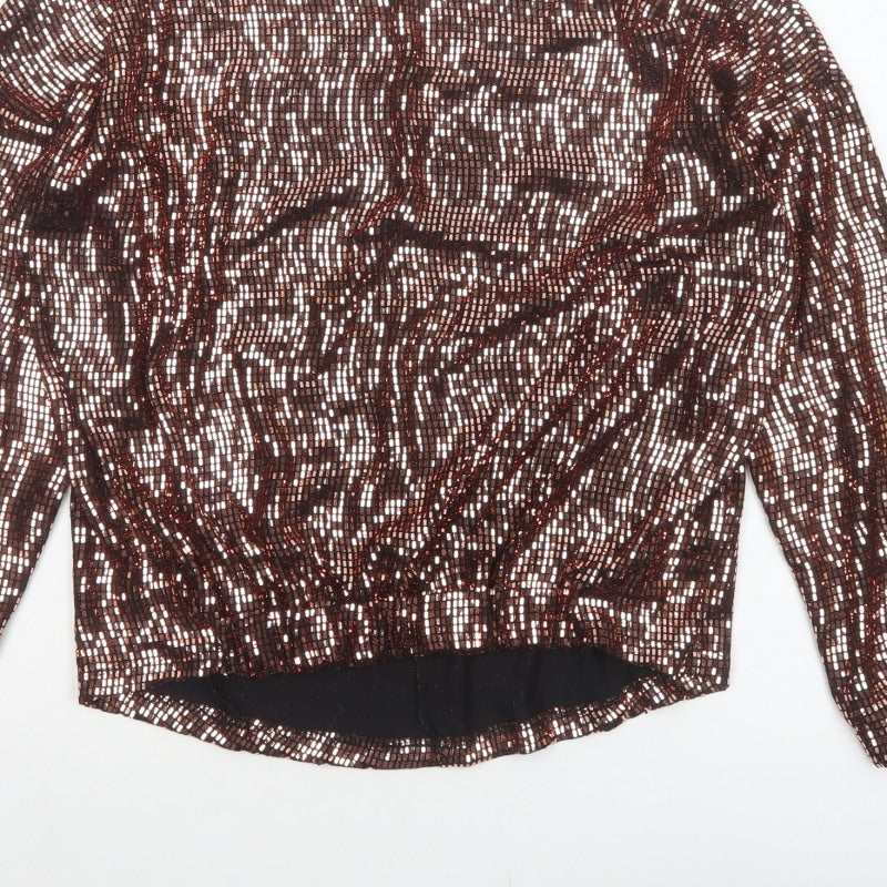 Next Women Brown Sequin Long Sleeve Round Neck Blouse UK 10 Party
