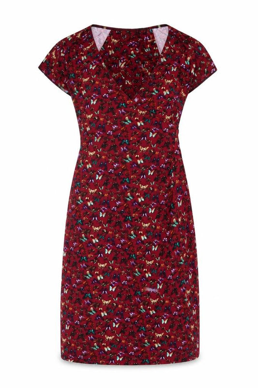 Front view of Joe Browns Women’s Red Butterfly Print V-Neck Sheath Dress UK 14