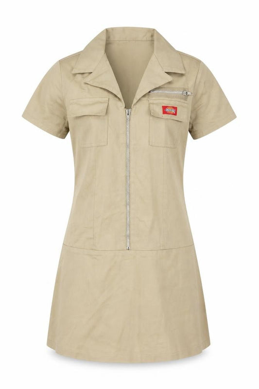 Front view of Dickies Women Beige M Workwear Shirt Dress Collared Zip Pockets