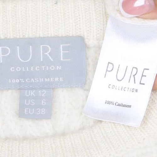 Pure Collection Women Ivory Cashmere Cable Knit Jumper UK 12