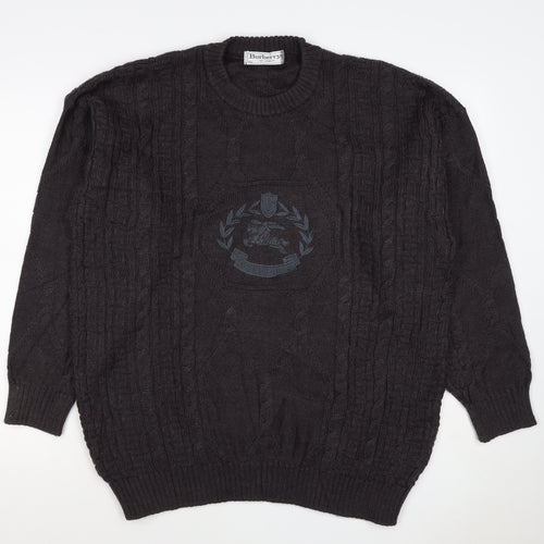 Burberrys Men Black XL Cable Knit Logo Crew Neck Wool Jumper