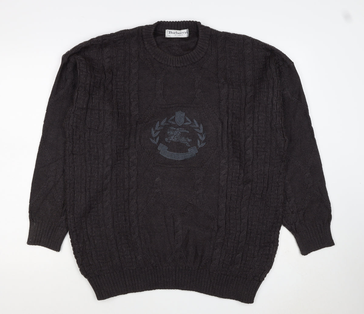 Burberrys Men Black XL Cable Knit Logo Crew Neck Wool Jumper