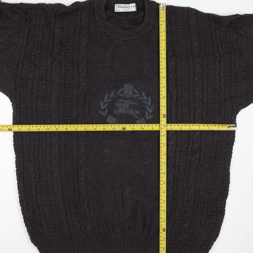 Burberrys Men Black XL Cable Knit Logo Crew Neck Wool Jumper