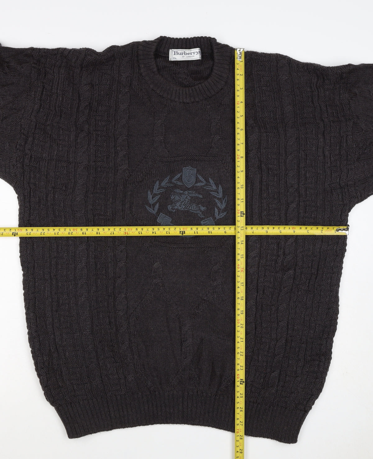 Burberrys Men Black XL Cable Knit Logo Crew Neck Wool Jumper