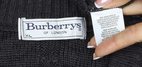 Burberrys Men Black XL Cable Knit Logo Crew Neck Wool Jumper