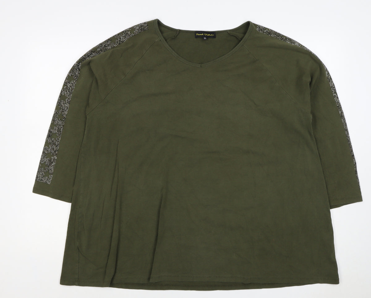 Frank Usher Women Green XL Star Rhinestone Raglan Jersey T-Shirt