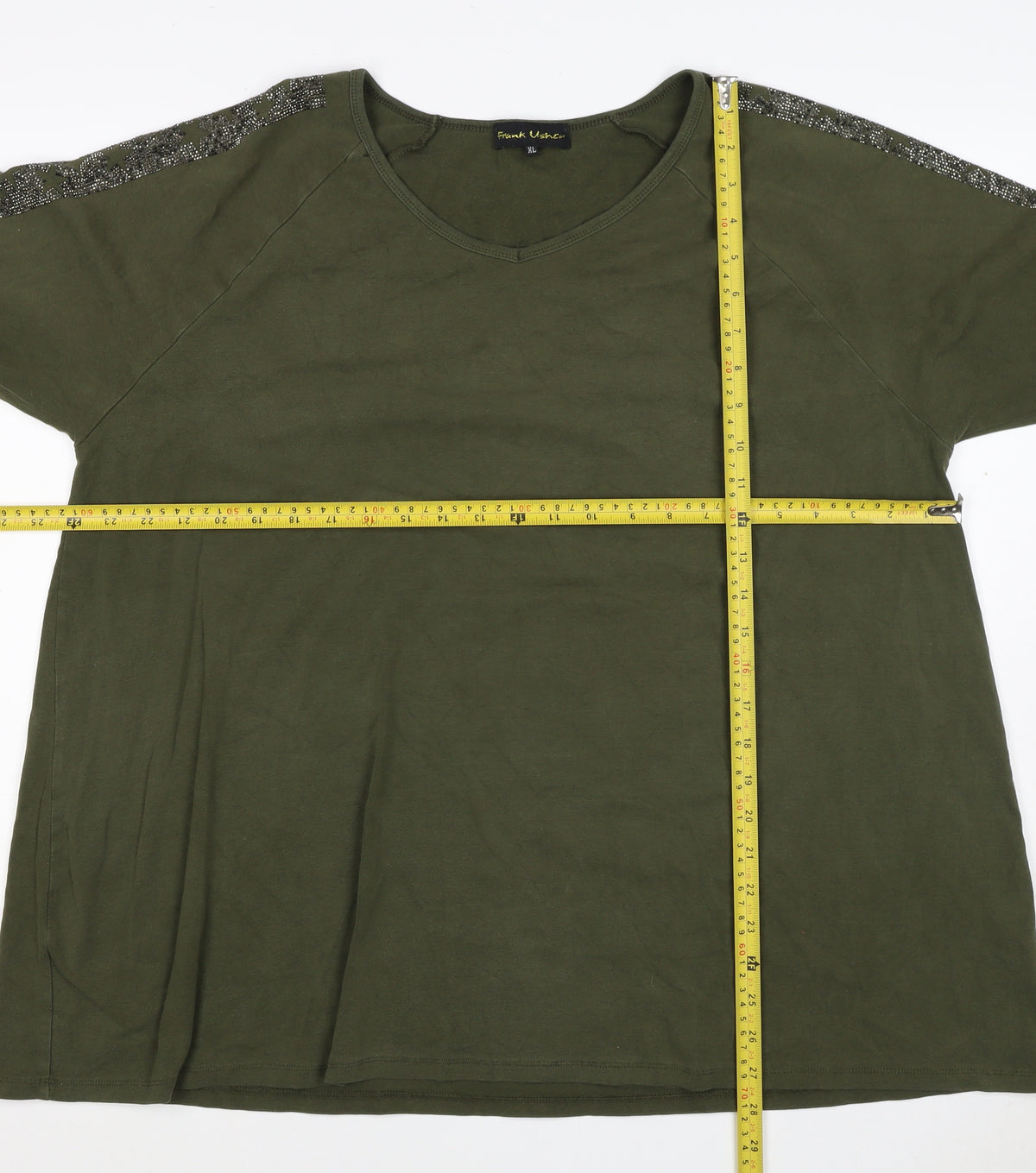 Frank Usher Women Green XL Star Rhinestone Raglan Jersey T-Shirt