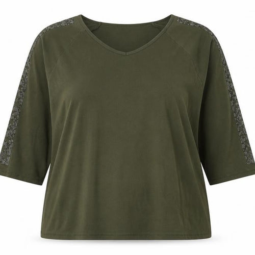 Frank Usher Women Green XL Star Rhinestone Raglan Jersey T-Shirt