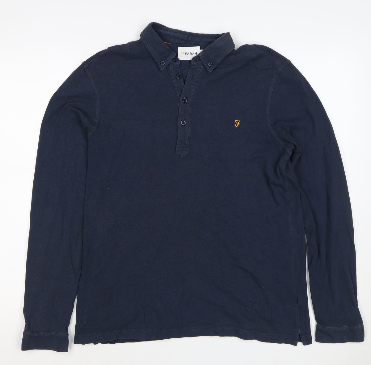 Back view of Farah Men’s Blue M Long Sleeve Button-Down Logo Polo Shirt
