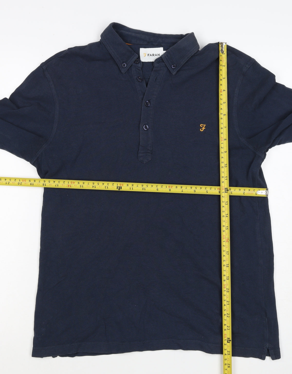 Brand and care label for Farah Men’s Blue M Long Sleeve Button-Down Logo Polo Shirt
