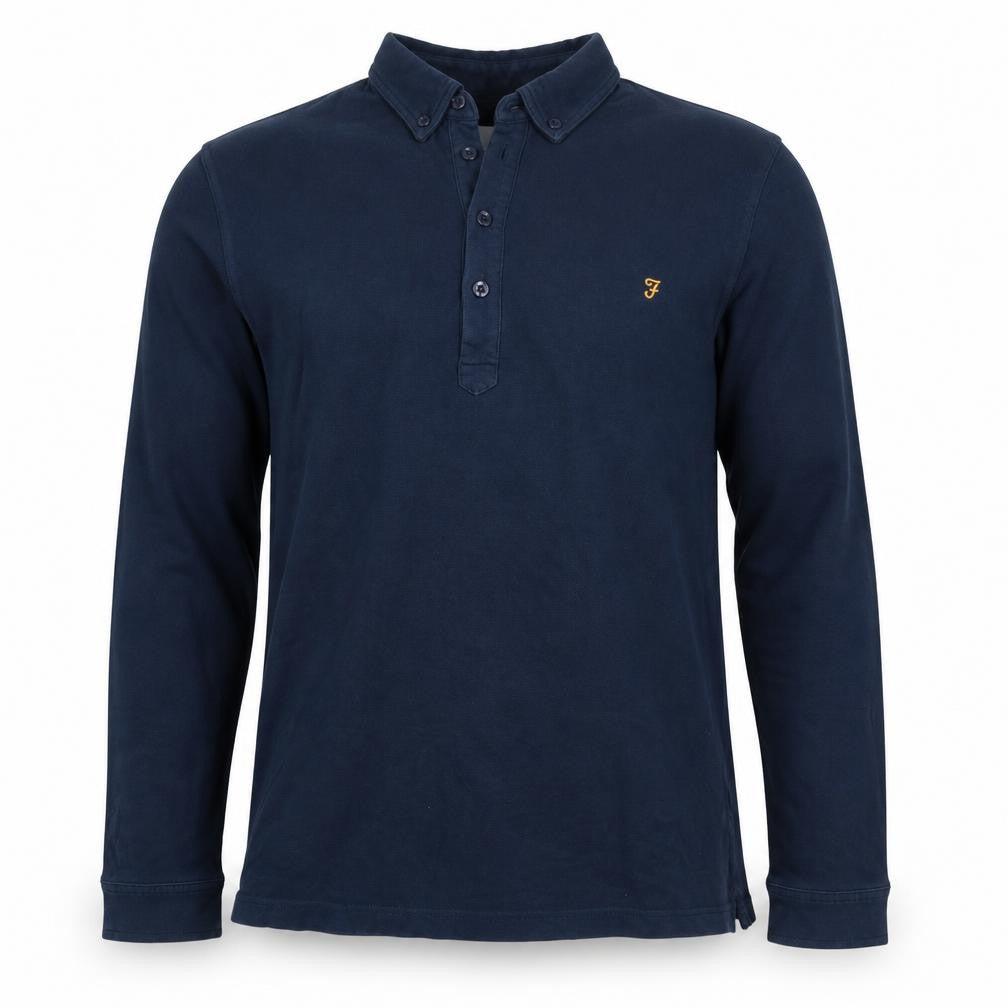 Front view of Farah Men’s Blue M Long Sleeve Button-Down Logo Polo Shirt