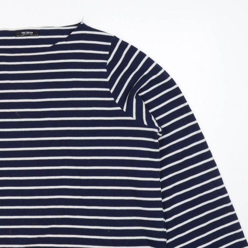 Zara Trafaluc Women Blue White M Striped Knit Boat Neck 3/4 Sleeve Top