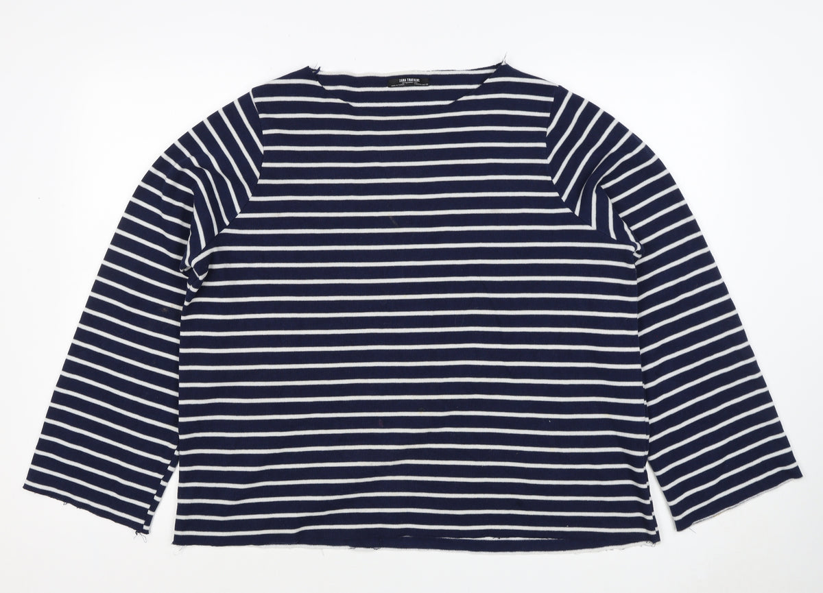 Zara Trafaluc Women Blue White M Striped Knit Boat Neck 3/4 Sleeve Top