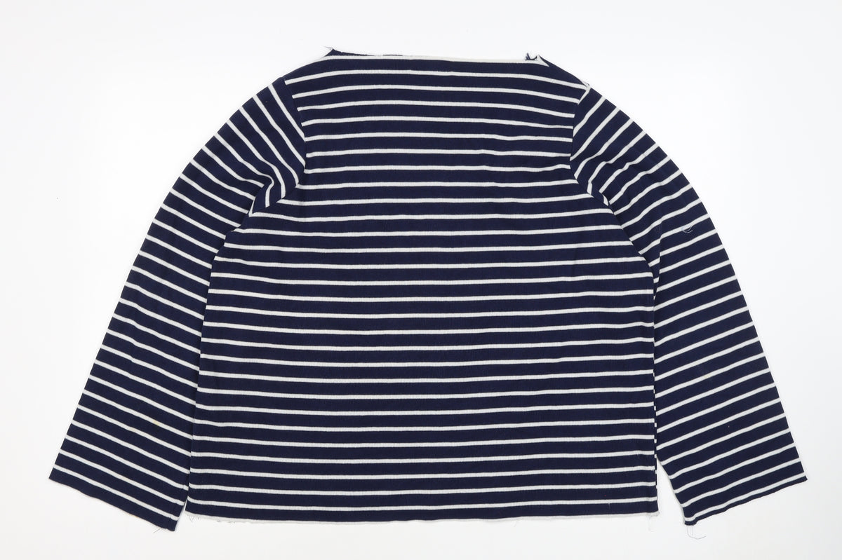 Zara Trafaluc Women Blue White M Striped Knit Boat Neck 3/4 Sleeve Top