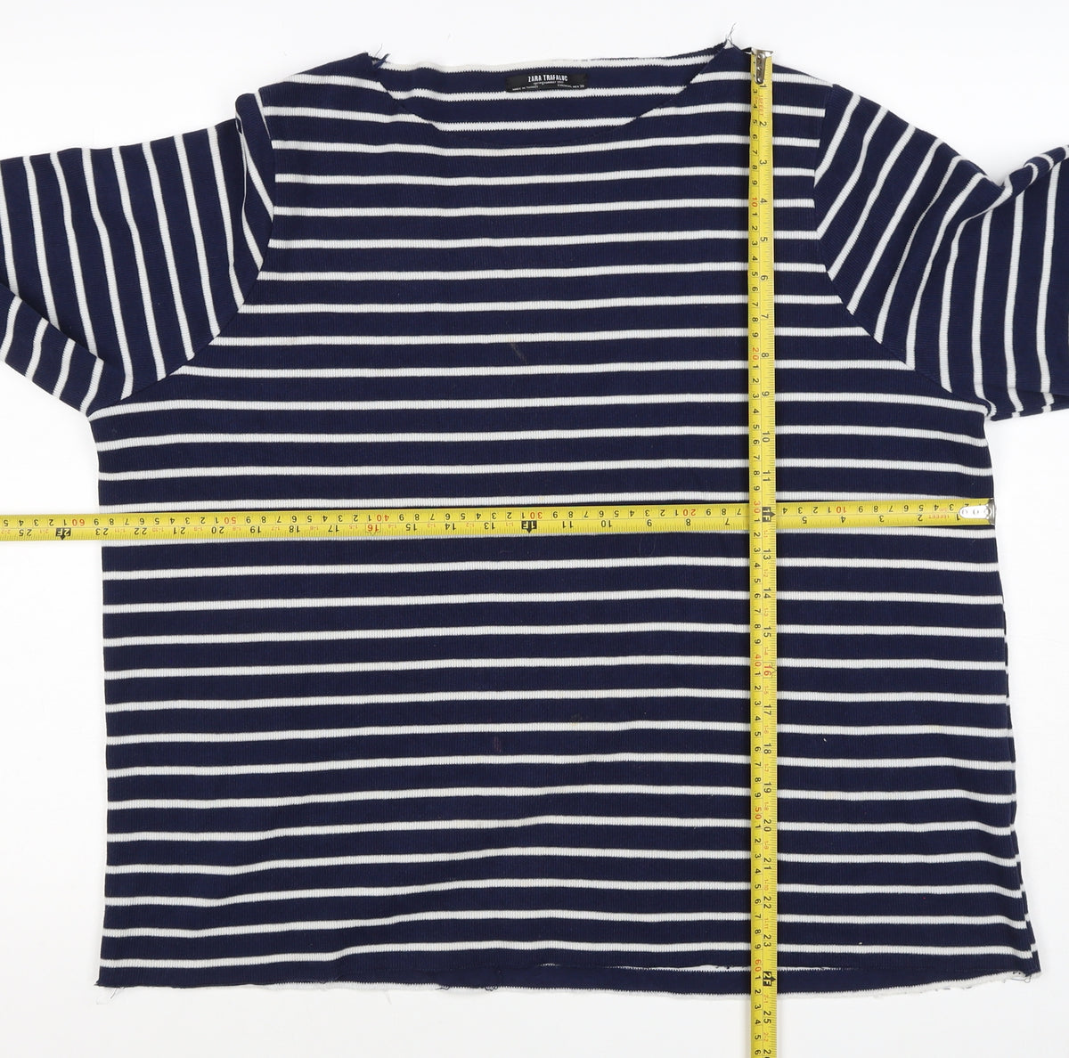Zara Trafaluc Women Blue White M Striped Knit Boat Neck 3/4 Sleeve Top