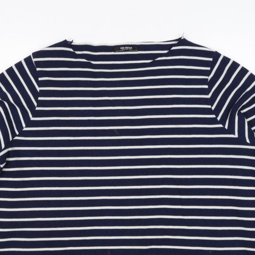 Zara Trafaluc Women Blue White M Striped Knit Boat Neck 3/4 Sleeve Top