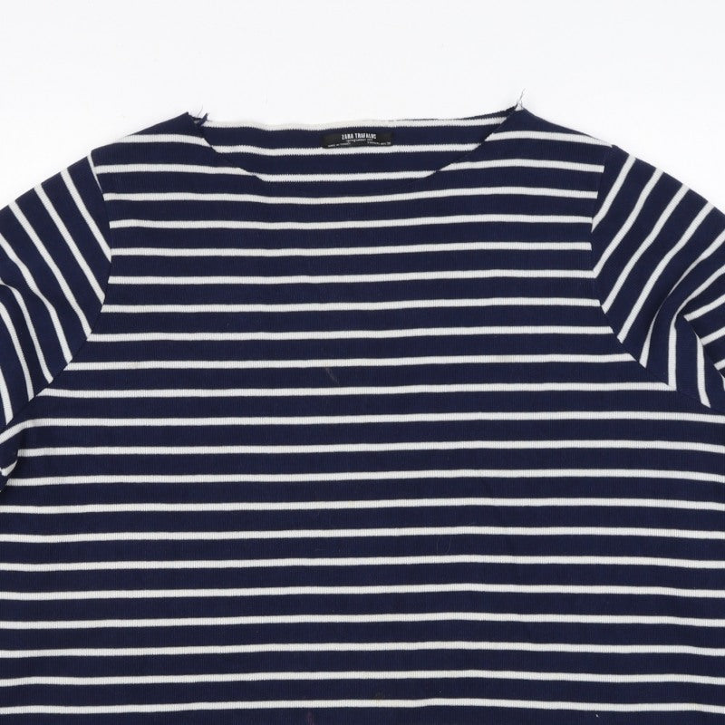 Zara Trafaluc Women Blue White M Striped Knit Boat Neck 3/4 Sleeve Top