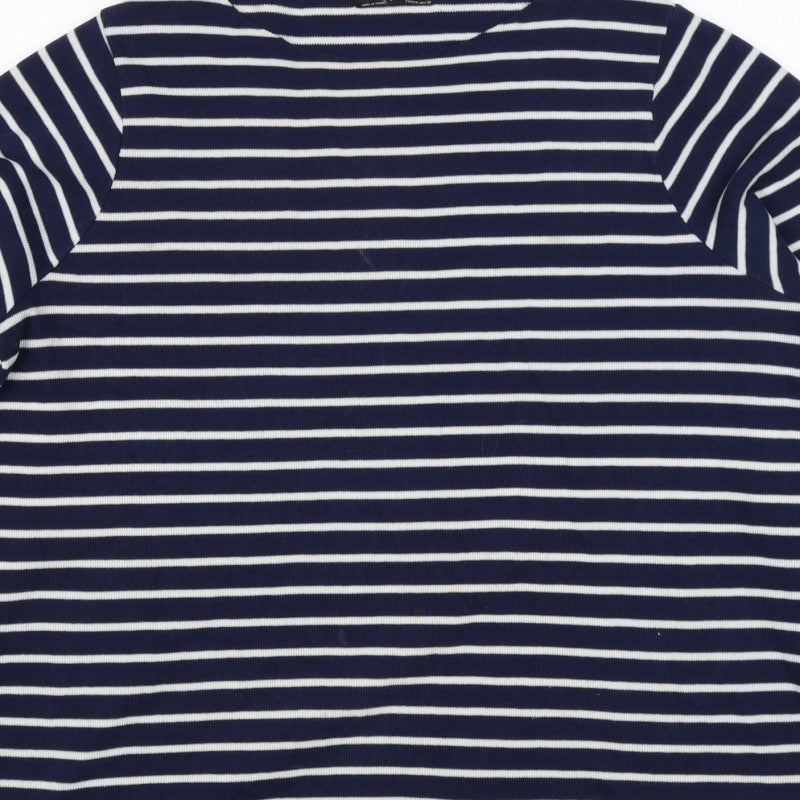 Zara Trafaluc Women Blue White M Striped Knit Boat Neck 3/4 Sleeve Top