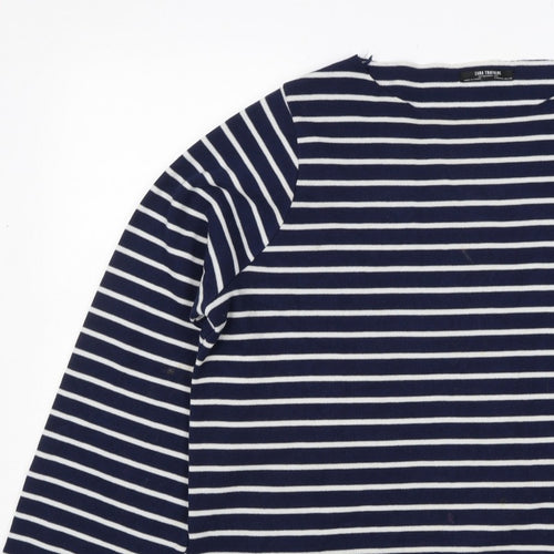 Zara Trafaluc Women Blue White M Striped Knit Boat Neck 3/4 Sleeve Top