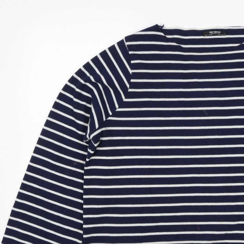Zara Trafaluc Women Blue White M Striped Knit Boat Neck 3/4 Sleeve Top