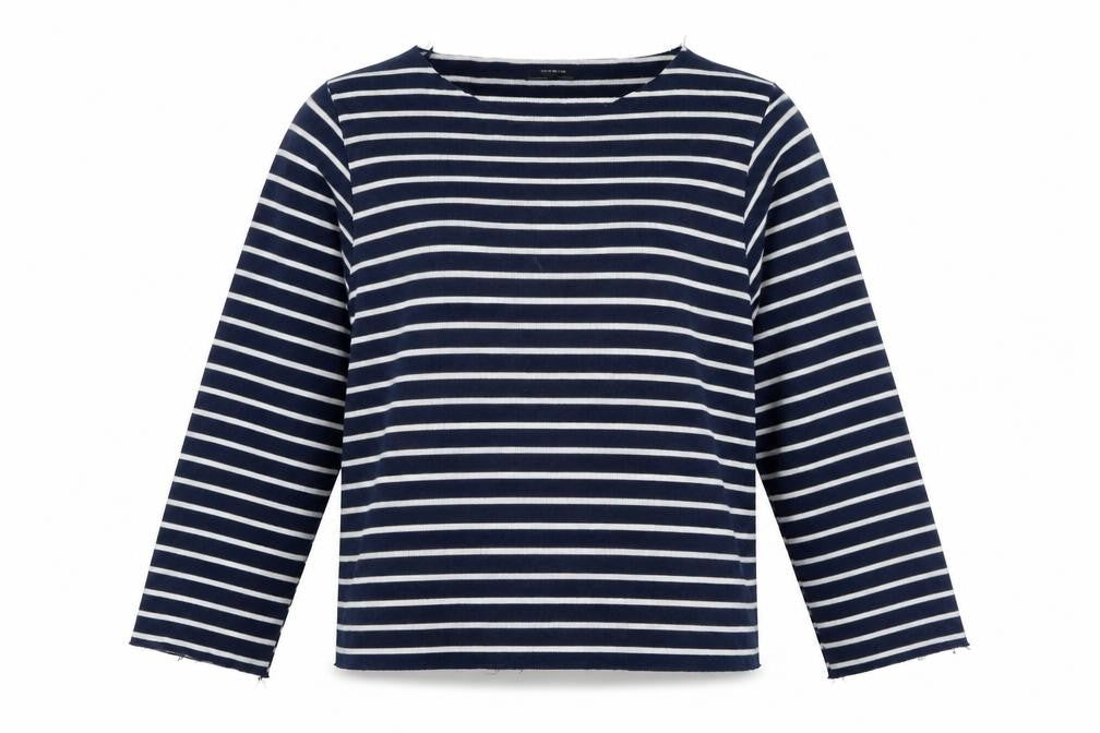 Zara Trafaluc Women Blue White M Striped Knit Boat Neck 3/4 Sleeve Top