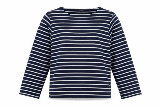 Zara Trafaluc Women Blue White M Striped Knit Boat Neck 3/4 Sleeve Top